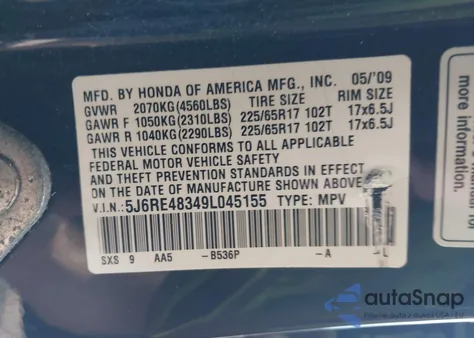 2009 Honda Cr-V Lx from USA, damaged, VIN 5J6RE48349L045155